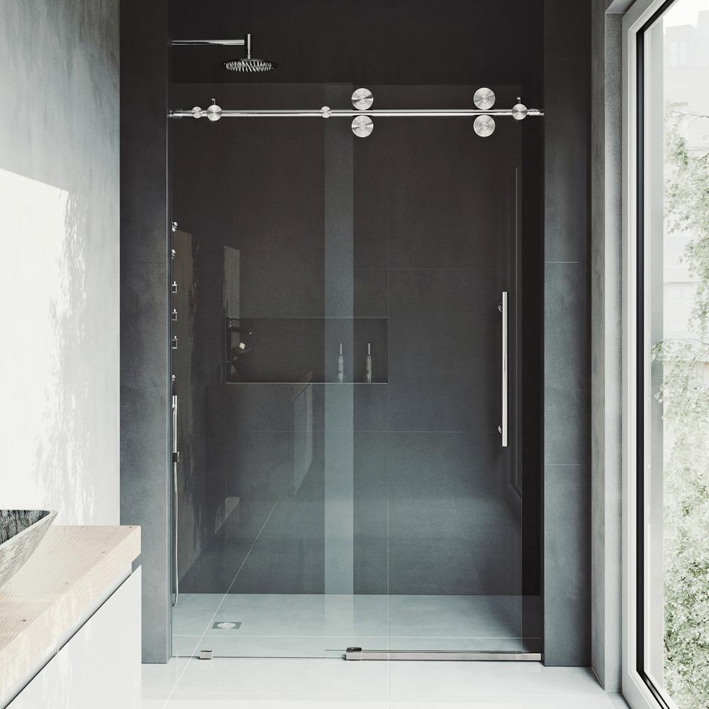Elan 60 to 64 in. x 74 in. Frameless Sliding Shower Door in Stainless Steel with Clear Glass and Handle - Super Arbor