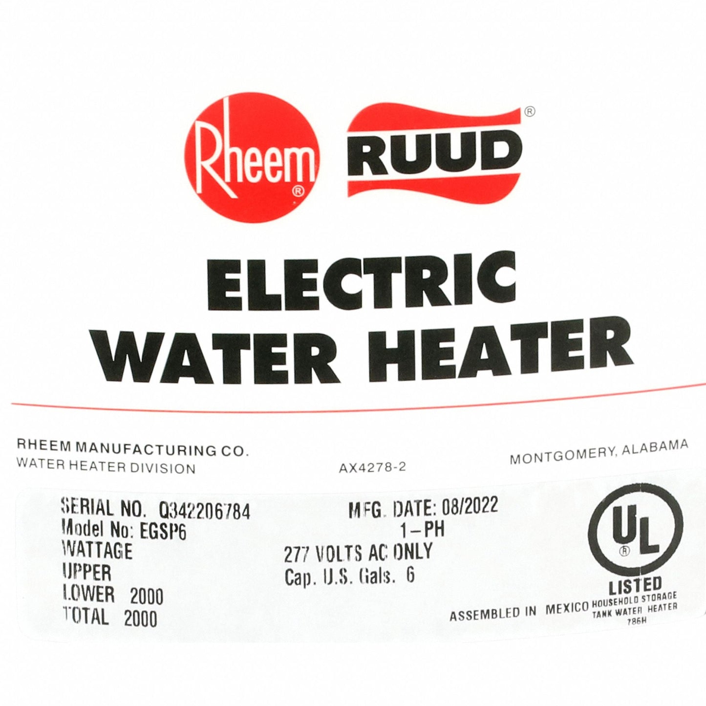 RHEEM 6-Gallon Electric Water Heater - 277V, 2,000W, Compact Design