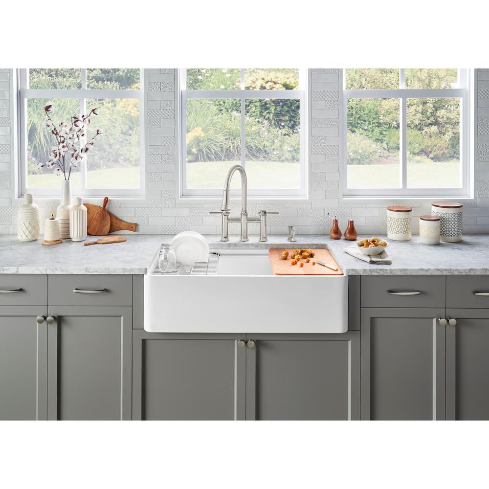 PROFINA Farmhouse Apron-Front Fireclay 36 in. Single Bowl Kitchen Sink with Beechwood Cutting Board in White - Super Arbor