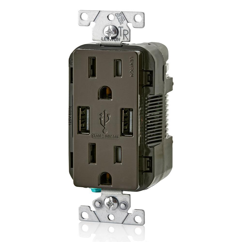 3.6A USB Dual Type A In-Wall Charger with 15 Amp Tamper-Resistant Outlets, Brown - Super Arbor
