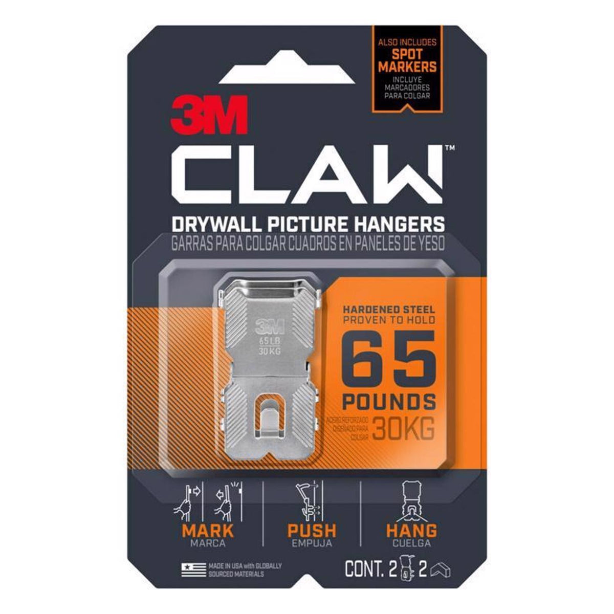 3M CLAW Silver Drywall All-Purpose Picture Hangers, 65 lb, 2 Pack