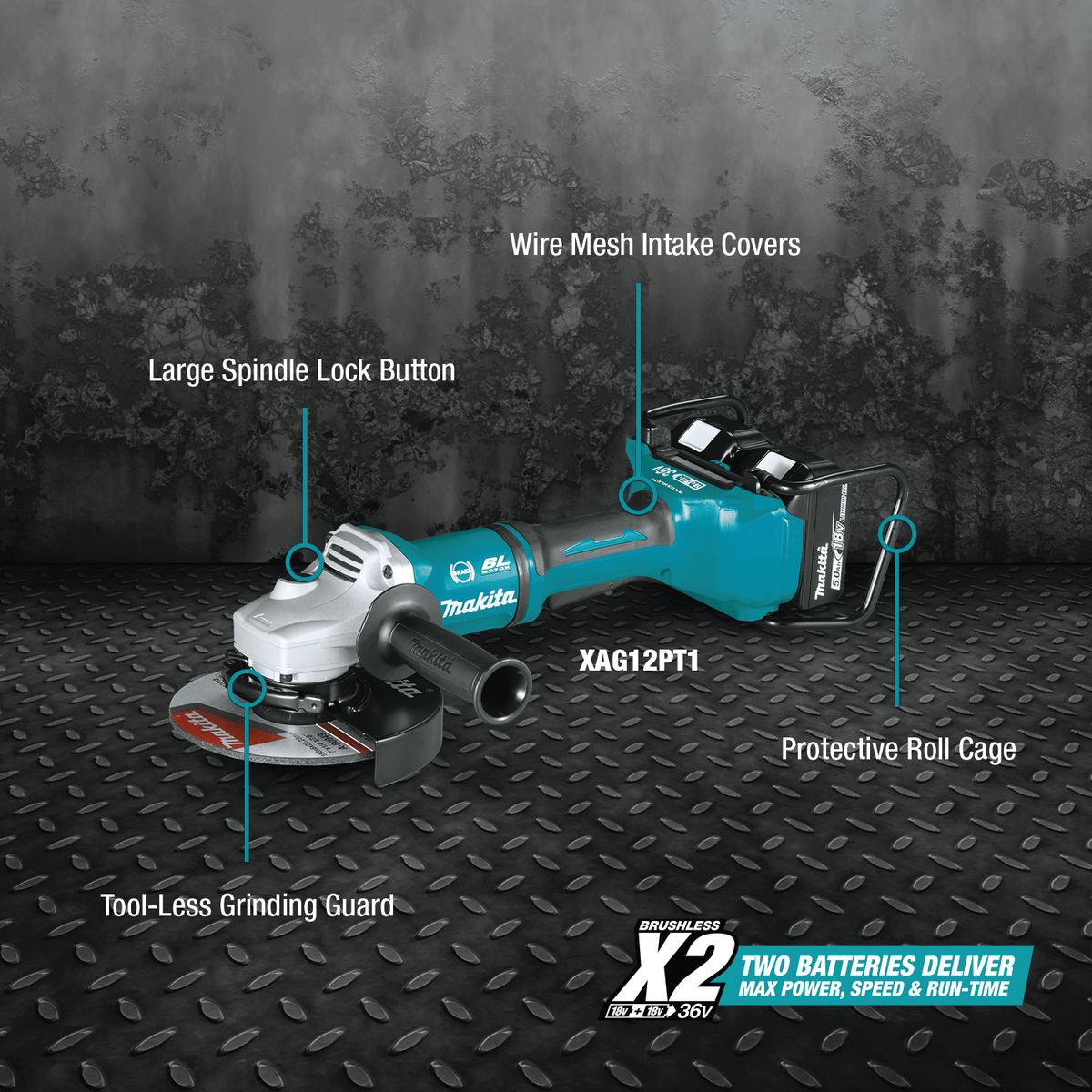 Makita 18V X2 LXT (36V) Brushless 7 in. Paddle Switch Cut‑Off/Angle Grinder Kit, 5.0Ah, with Bonus Hubbed Grinding Wheel (10-Pack)
