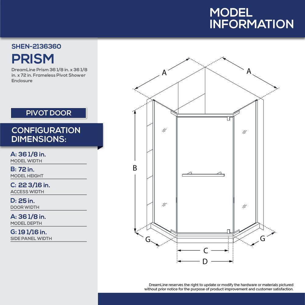 Prism 36-1/8 in. x 36-1/8 in. x 72 in. Semi-Frameless Neo-Angle Pivot Shower Enclosure in Brushed Nickel - Super Arbor