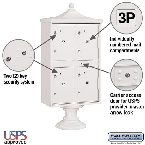 Regency Decorative Outdoor Parcel Locker with 4 Compartments in White and USPS Access