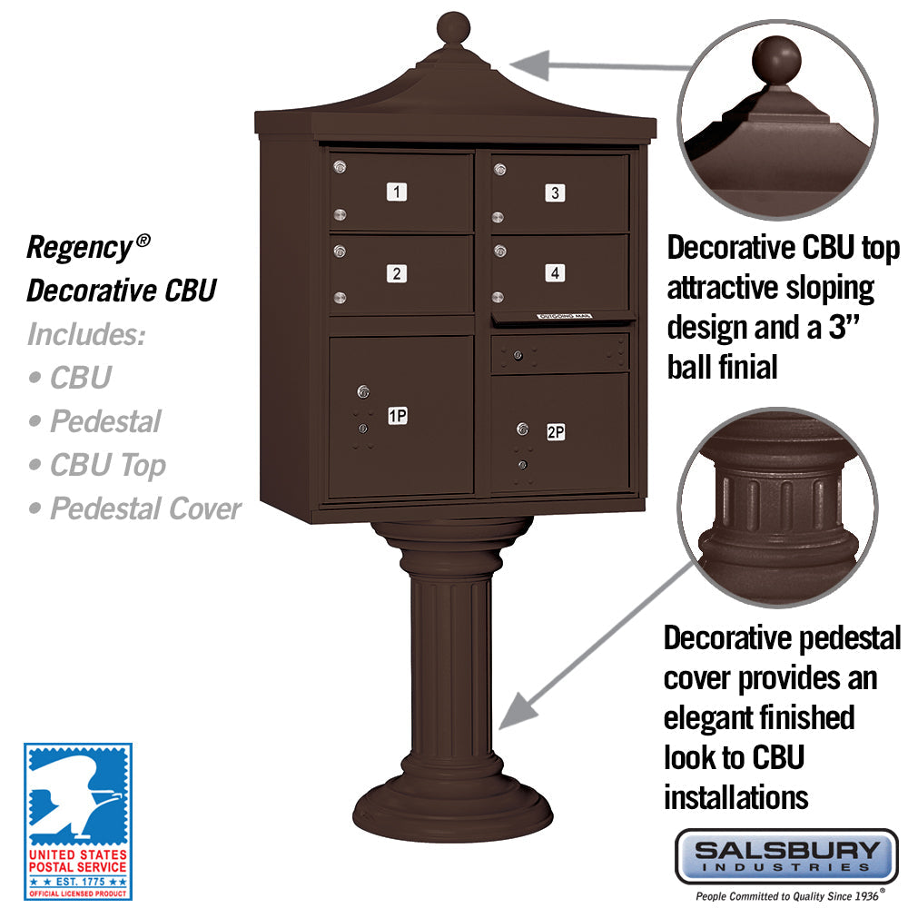 Salsbury Regency Decorative Cluster Box Unit, 4 C-Size Doors with 2 Parcel Lockers, Bronze, USPS Access
