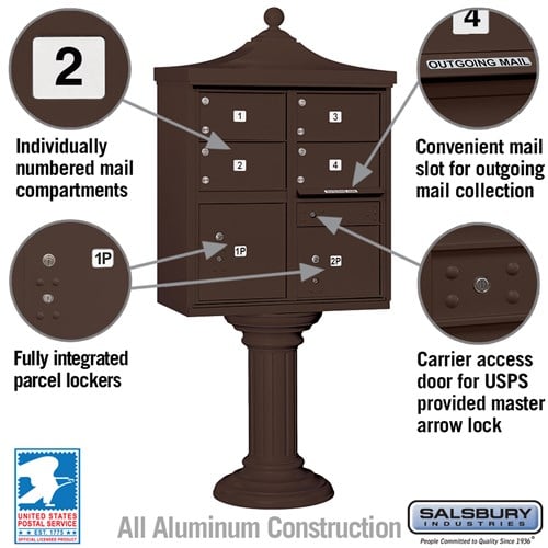 Regency Decorative Cluster Box Unit with 4 Doors and 2 Parcel Lockers in Bronze with USPS Access