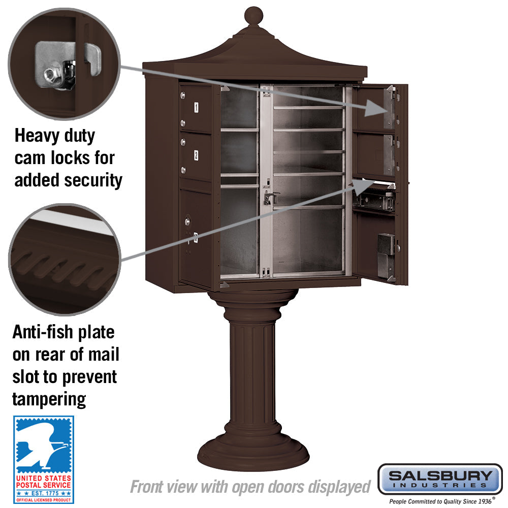 Salsbury Regency Decorative Cluster Box Unit, 4 C-Size Doors with 2 Parcel Lockers, Bronze, USPS Access