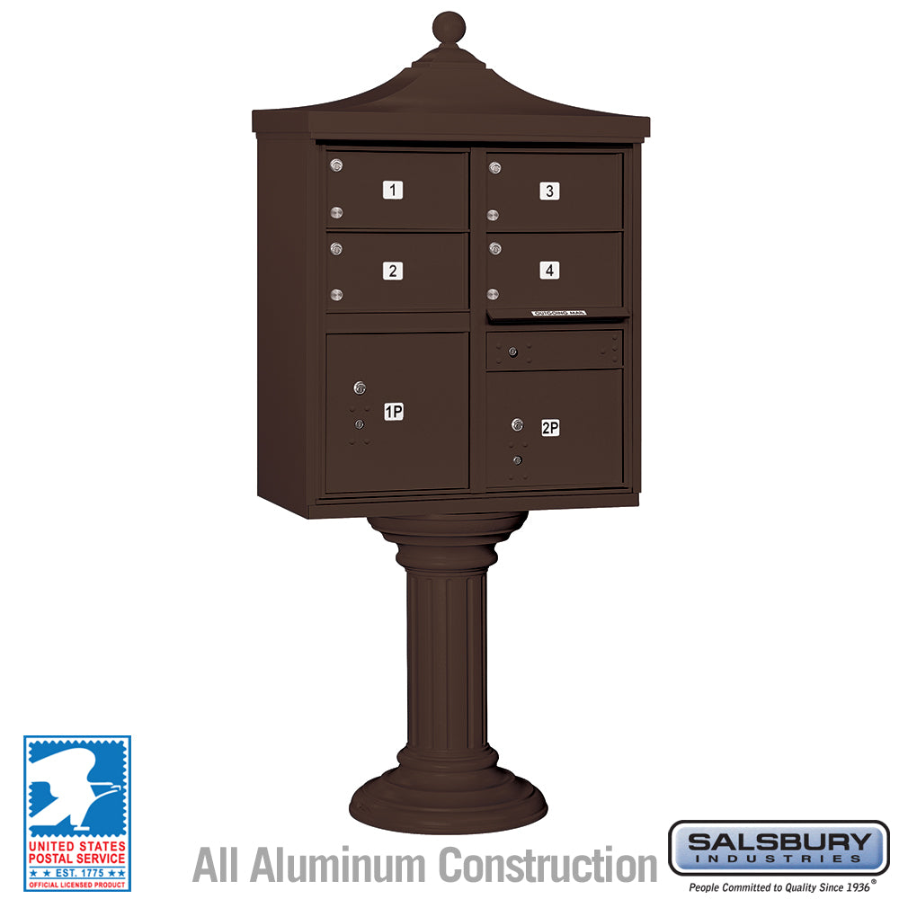 Salsbury Regency Decorative Cluster Box Unit, 4 C-Size Doors with 2 Parcel Lockers, Bronze, USPS Access