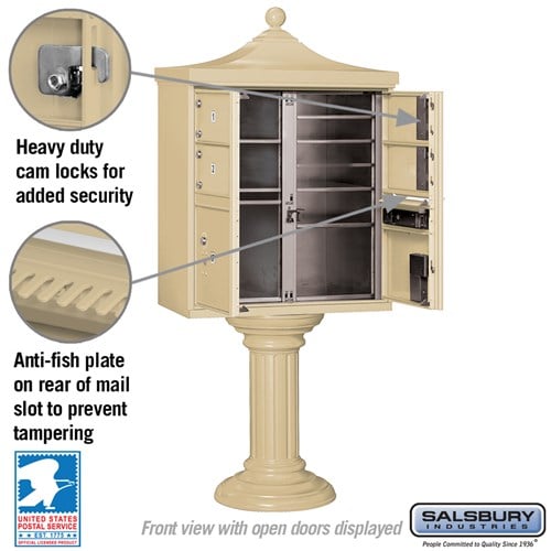 Regency Decorative Cluster Box Unit with 4 Doors and 2 Parcel Lockers in Sandstone with USPS Access