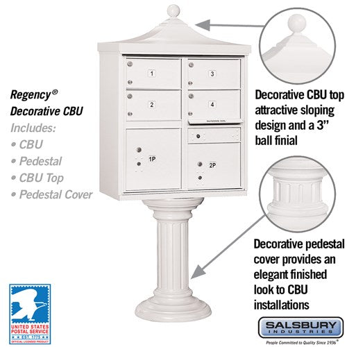 Regency Decorative Cluster Box Unit with 4 Doors and 2 Parcel Lockers in White with USPS Access