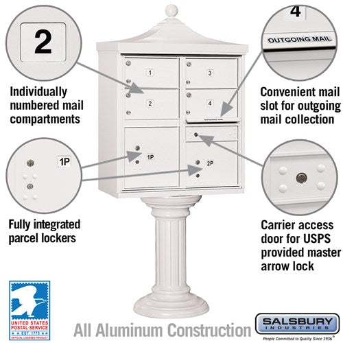 Regency Decorative Cluster Box Unit with 4 Doors and 2 Parcel Lockers in White with USPS Access