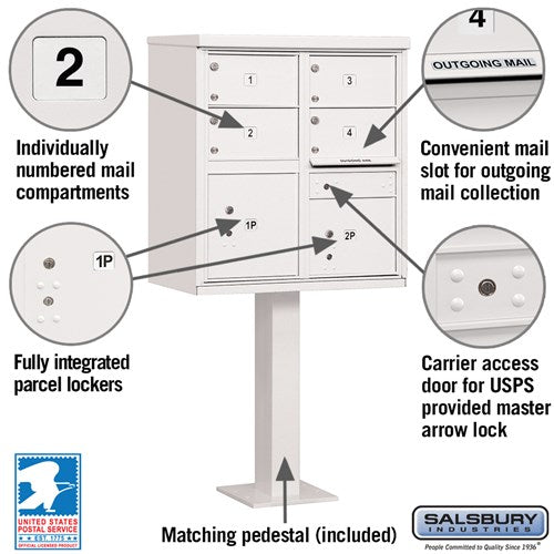 Cluster Box Unit with 4 Doors and 2 Parcel Lockers in White with USPS Access
