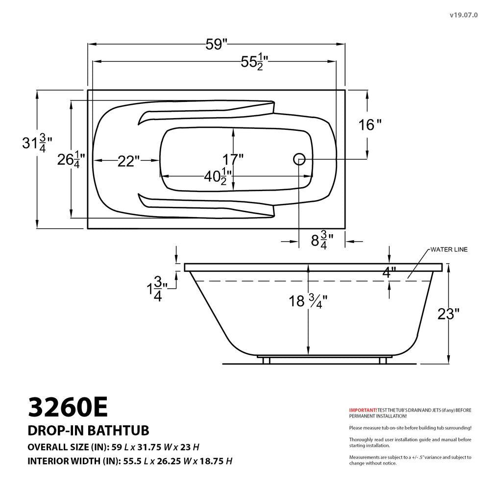 Coral 5 ft. Rectangular Drop-in Whirlpool and Air Bath Tub in White - Super Arbor