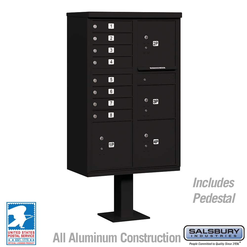 Cluster Box Unit with 8 Doors and Parcel Lockers in Black with USPS Access