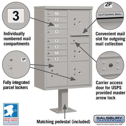Cluster Box Unit with 8 Doors and 4 Parcel Lockers in Gray with USPS Access