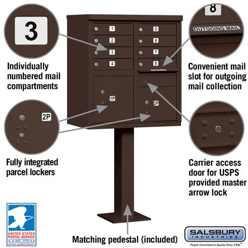 Cluster Box Unit with 8 Doors and 2 Parcel Lockers in Bronze with USPS Access