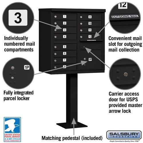 12-Door Cluster Box Unit with Parcel Locker in Black with USPS Access