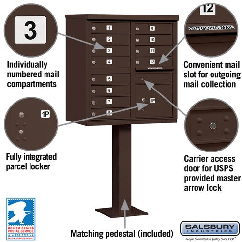Cluster Box Unit with 12 Doors and Parcel Locker in Bronze with USPS Access
