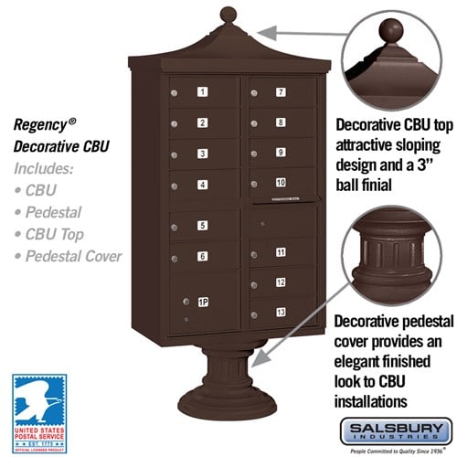 Regency Decorative Cluster Box Unit with 13 Doors and Parcel Locker in Bronze with USPS Access