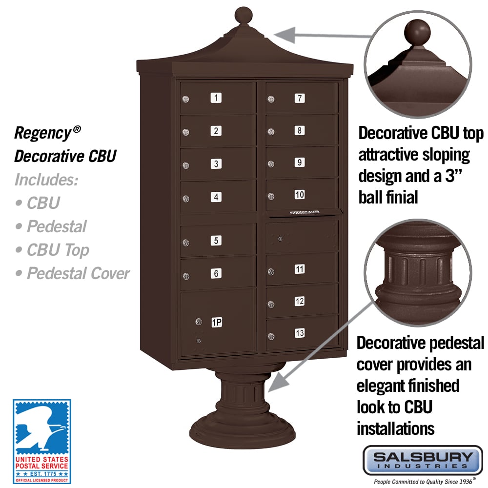 Salsbury Regency Decorative Cluster Box Unit, 13 Doors + 1 Parcel Locker, Bronze, USPS Access