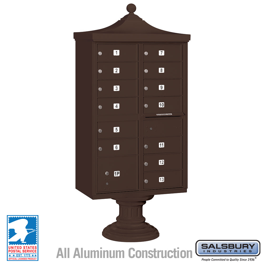 Salsbury Regency Decorative Cluster Box Unit with 13 Doors and Parcel Locker, Bronze, USPS Access