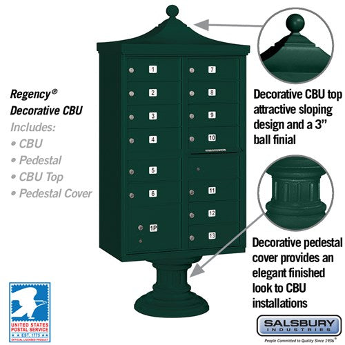Regency Decorative Cluster Box Unit with 13 Doors and Parcel Locker in Green with USPS Access