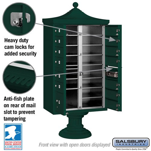 Regency Decorative Cluster Box Unit with 13 Doors and Parcel Locker in Green with USPS Access