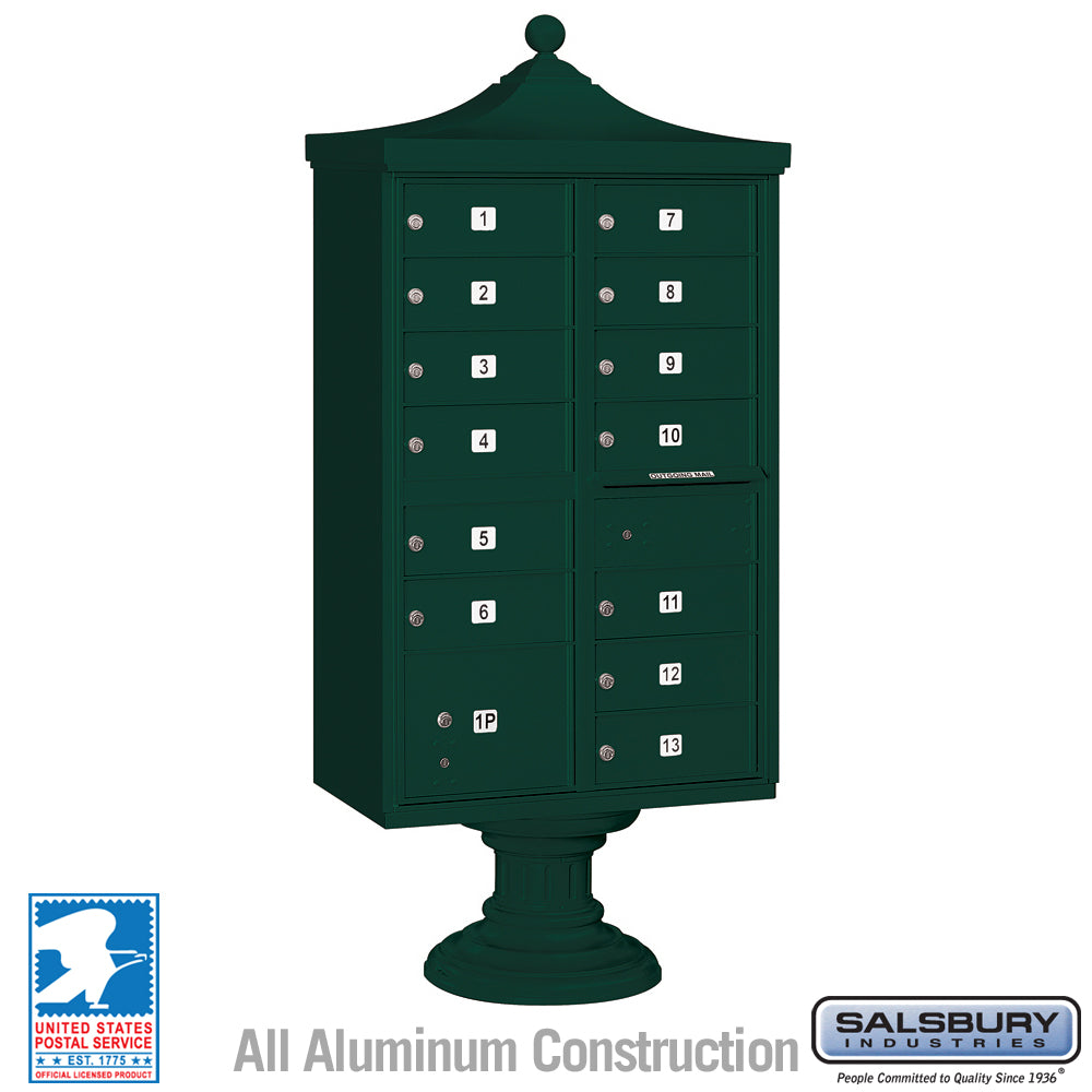 Salsbury Regency Decorative Cluster Box Unit, 13 Doors + 1 Parcel Locker, Green, USPS Access