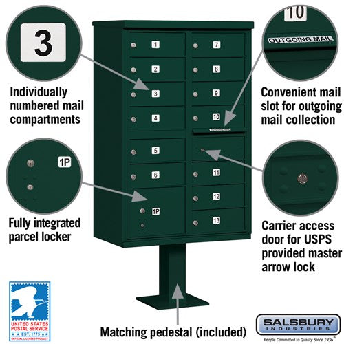 Cluster Box Unit with 13 Doors and Parcel Locker in Green with USPS Access