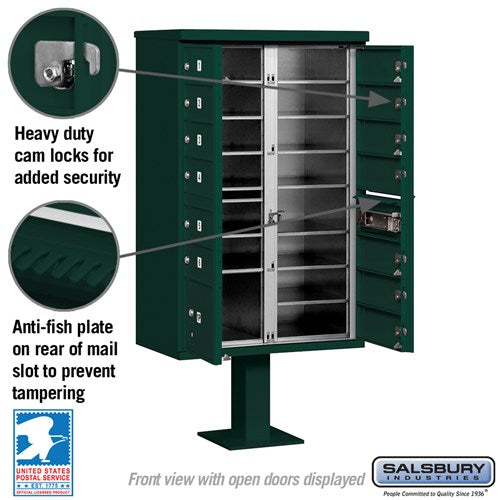 Cluster Box Unit with 13 Doors and Parcel Locker in Green with USPS Access