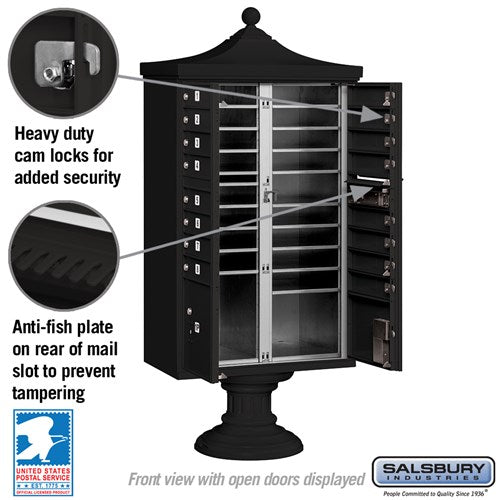 Regency Decorative Cluster Box Unit with 16 Doors and 2 Parcel Lockers in Black with USPS Access