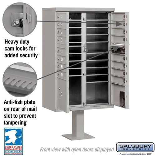 Cluster Box Unit with 16 Doors and 2 Parcel Lockers in Gray with USPS Access