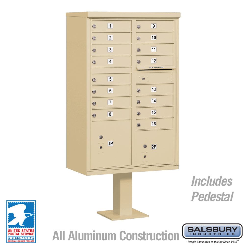 Cluster Box Unit with 16 Doors and 2 Parcel Lockers in Sandstone with USPS Access