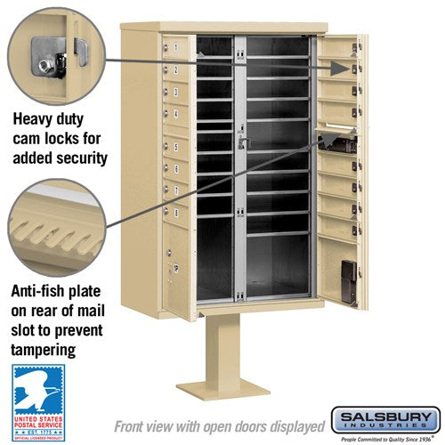 Cluster Box Unit with 16 Doors and 2 Parcel Lockers in Sandstone with USPS Access