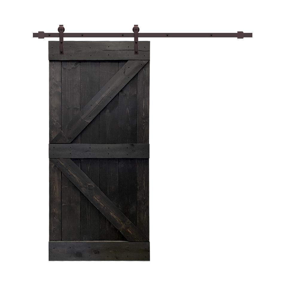 Distressed K 42 in. x 84 in. Walnut Stained Solid Knotty Pine Wood Interior Sliding Barn Door with Hardware Kit - Super Arbor