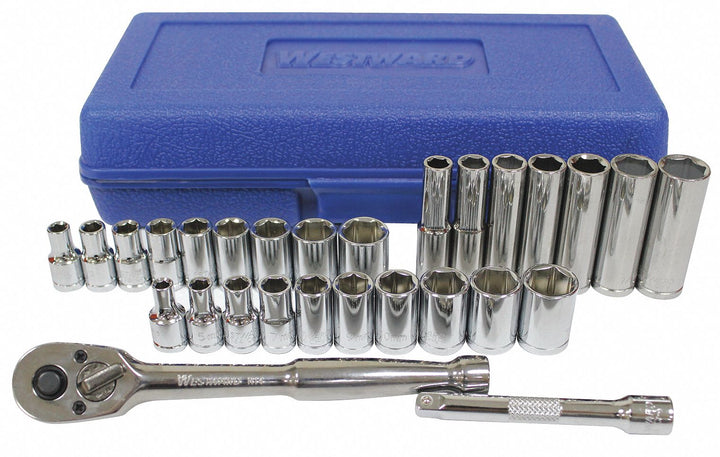 WESTWARD 28-Piece Chrome SAE & Metric Socket Wrench Set, 1/4 in Drive