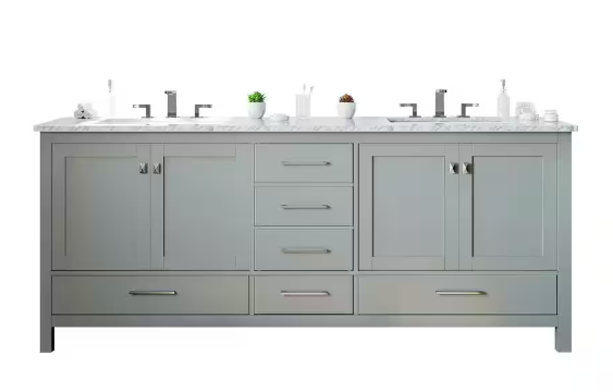 Eviva Aberdeen 84 in. W x 22 in. D x 35 in. H Double Bath Vanity in Gray with White Carrara Marble Top and White Undermount Sinks