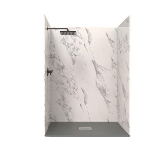 CASTICO 60 in. L x 36 in. W x 84 in. H Solid Composite Stone Shower Kit w/Carrara Walls and Cntr Graphite Sand Shower Pan Base
