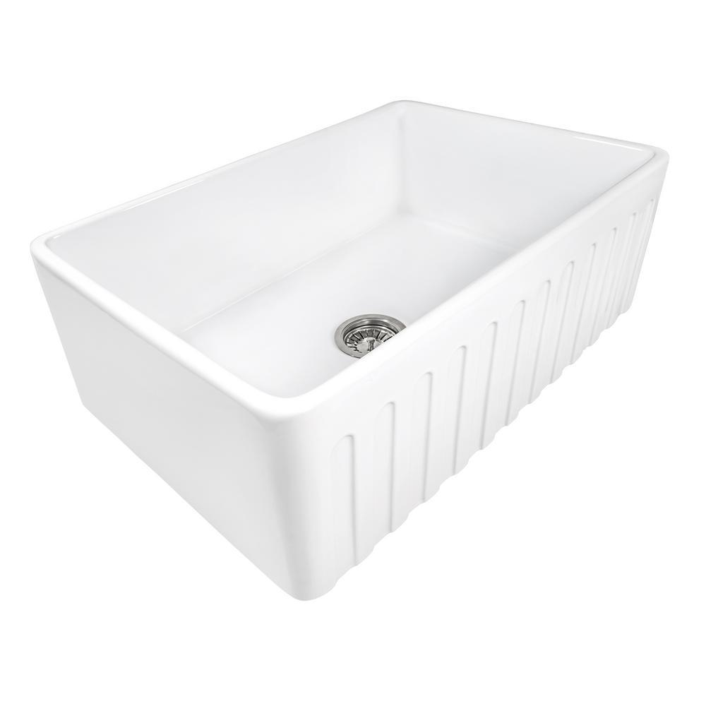 30 in. x 20 in. Fireclay Reversible Farmhouse Apron-Front Single Bowl Kitchen Sink in White - Super Arbor