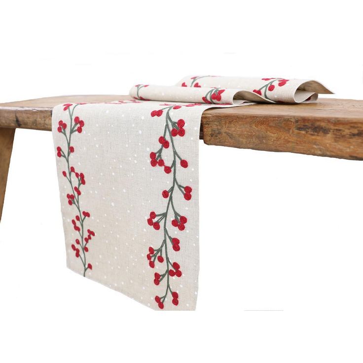 15 in. x 90 in. Holly Berry Branch Crewel Embroidered Christmas Table Runner, Natural