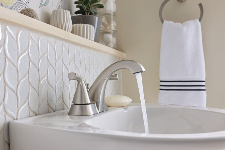 Moen Haber Spot Resist Brushed Nickel 2-handle 4-in Centerset WaterSense Bathroom Sink Faucet with Drain