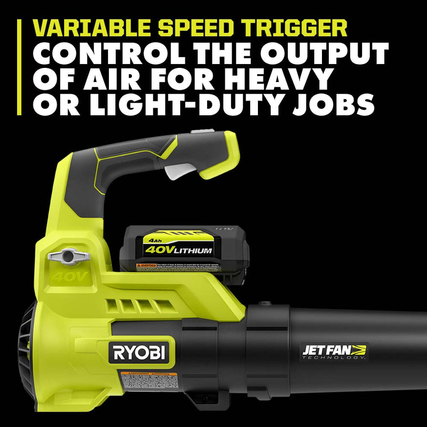 RYOBI 40V Jet Fan Leaf Blower Kit, 110 MPH, 525 CFM with Lawn & Leaf Bag, 4.0 Ah Battery and Charger