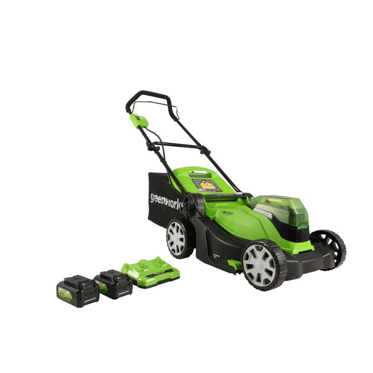 Greenworks 17 in. 48-Volt (2 x 24-Volt) Battery Walk Behind Push Mower, 2 x 24-Volt 4Ah Batteries and Dual Port Charger Included