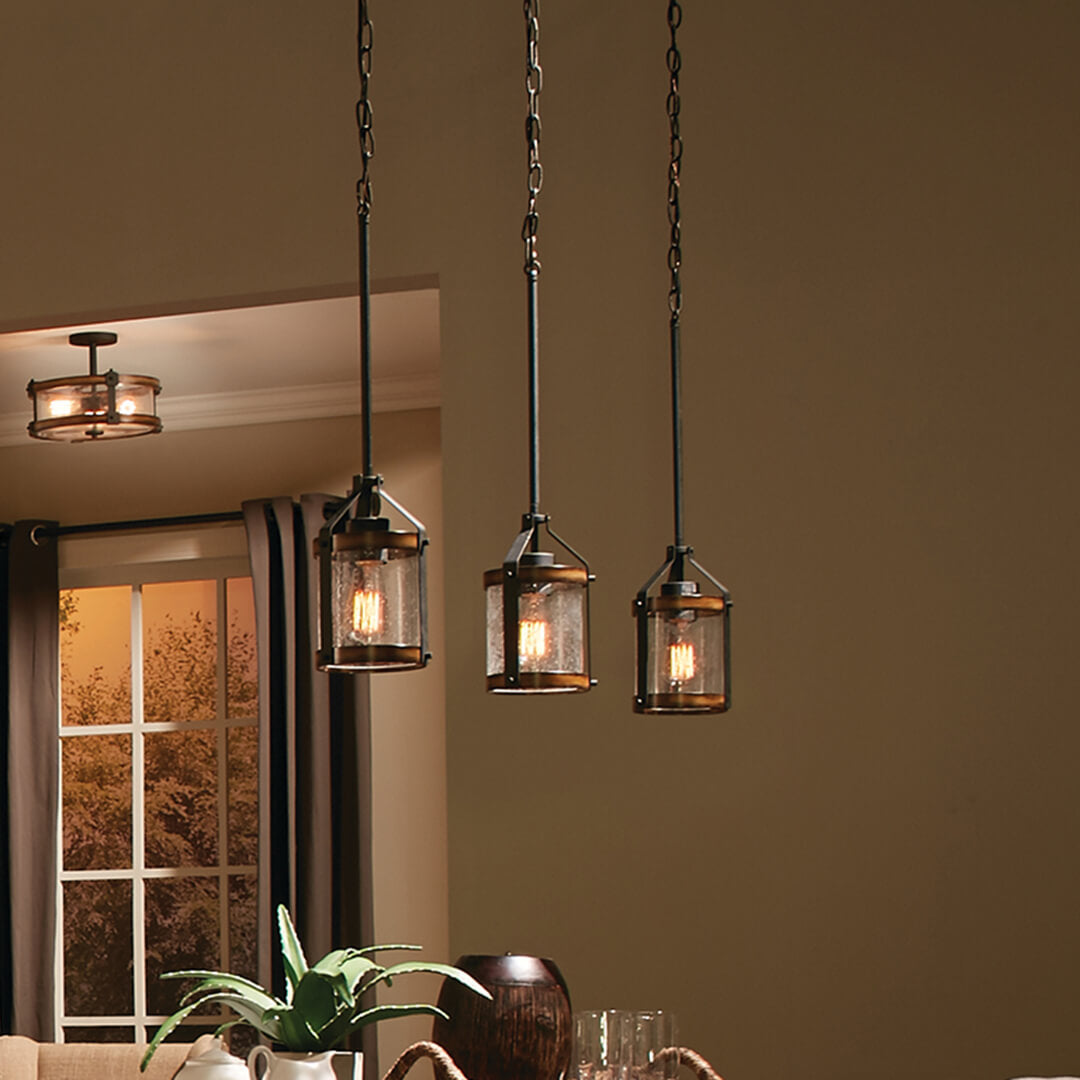 Kichler Barrington Distressed Black & Wood Rustic Seeded Glass Cylinder Mini Pendant Light, 10" H x 5.5" Dia