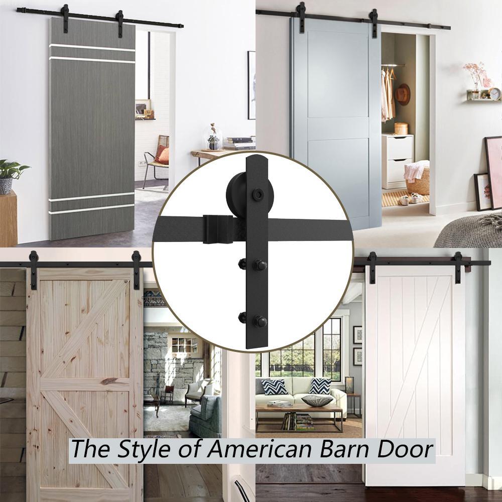 8 ft./96 in. Black Steel Straight Strap Sliding Barn Door Track and Hardware Kit for Double Doors with Floor Guide - Super Arbor
