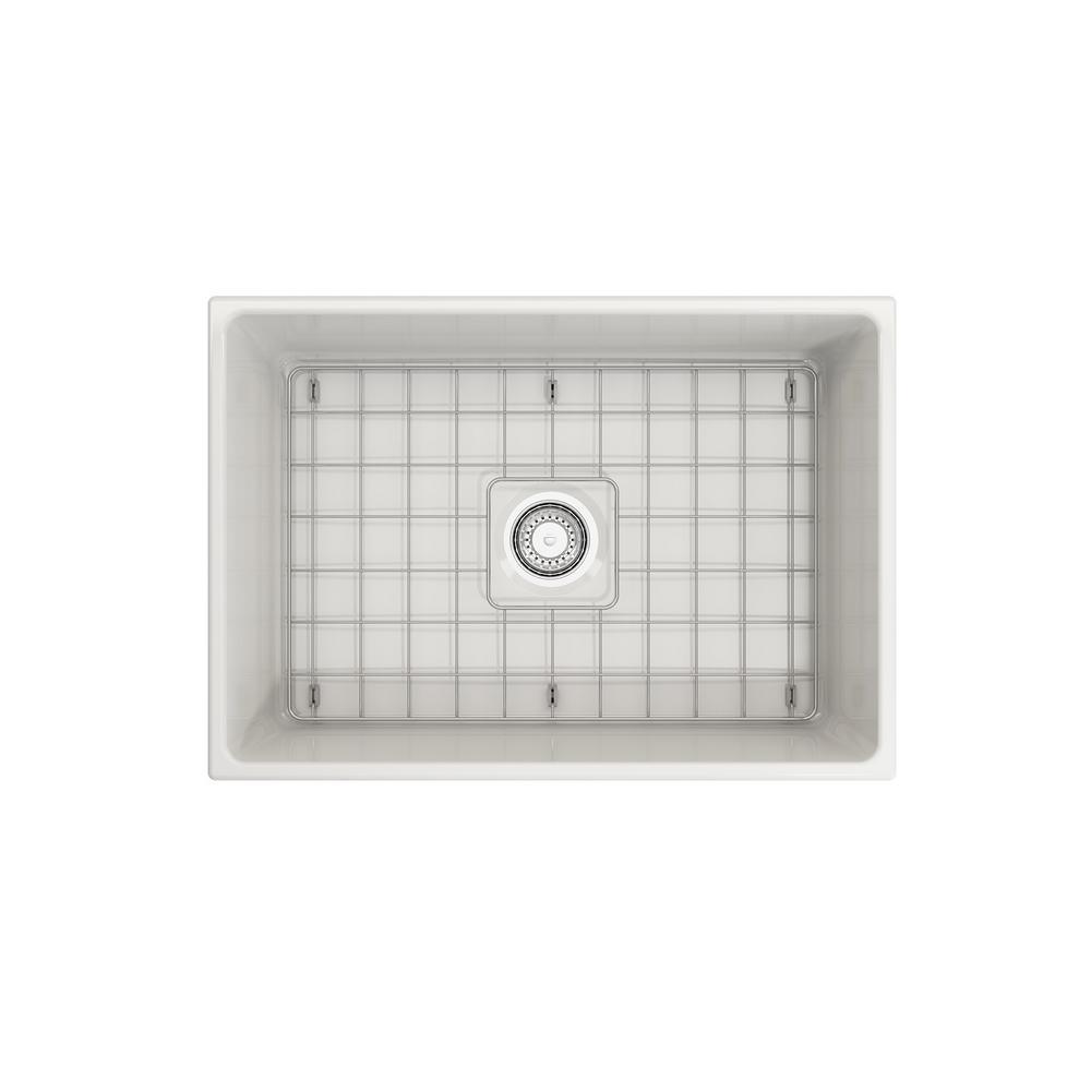 Contempo Farmhouse Apron Front Fireclay 27 in. Single Bowl Kitchen Sink with Bottom Grid and Strainer in White - Super Arbor