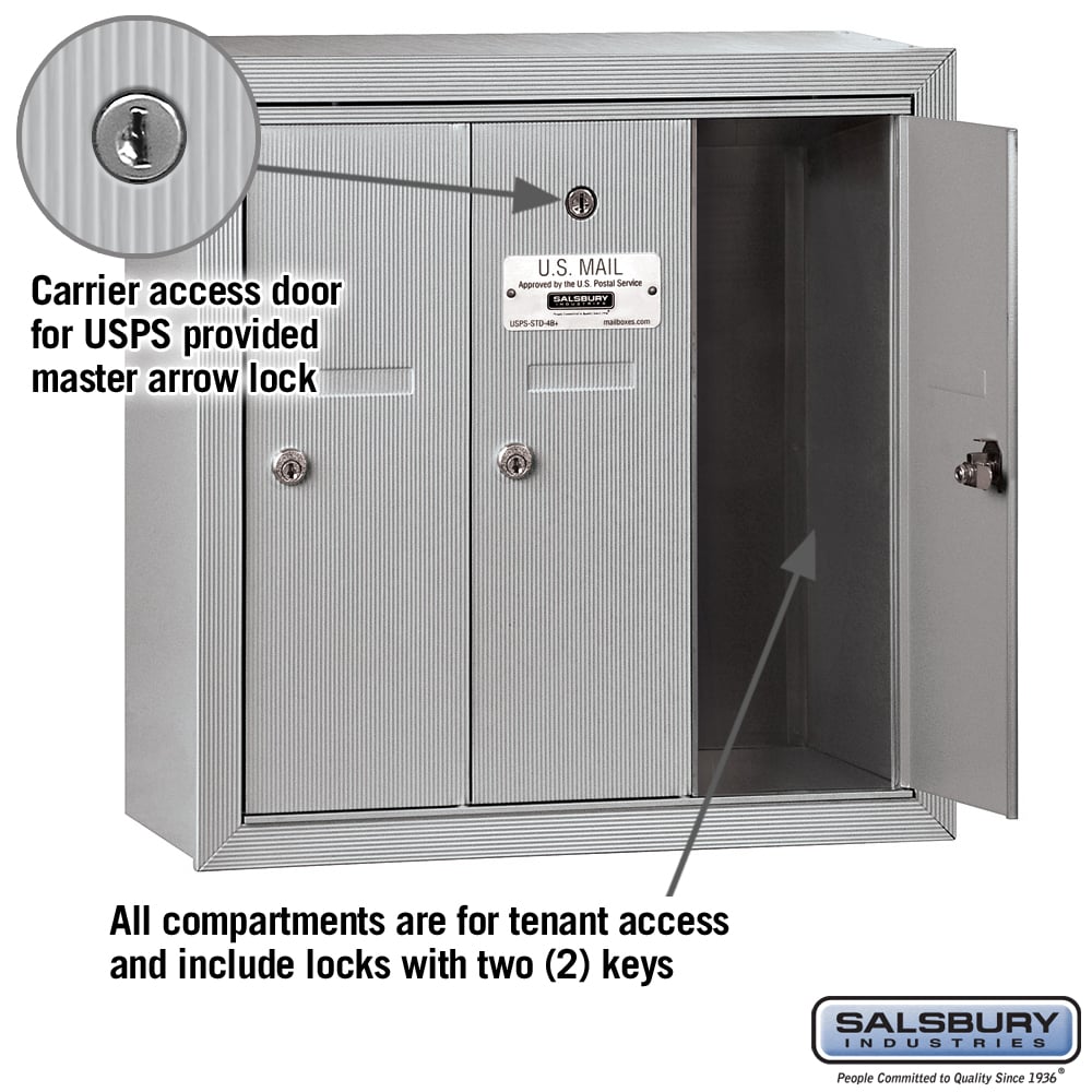 Salsbury Aluminum Surface-Mounted USPS Access Vertical Mailbox with 3 Doors, 18.75" W x 19" H x 7.5" D