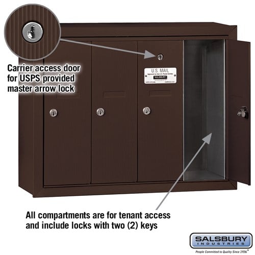 Bronze Vertical Mailbox with 4 Compartments - Surface Mounted - USPS Approved