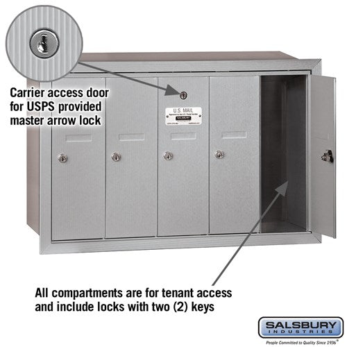 5-Door Aluminum Vertical Mailbox - Recessed Mounted - USPS Approved