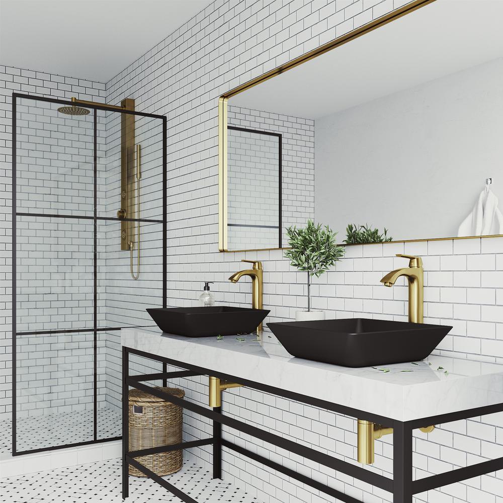 Roma Glass Vessel Bathroom Sink in Black with Linus Faucet in Matte Gold - Super Arbor